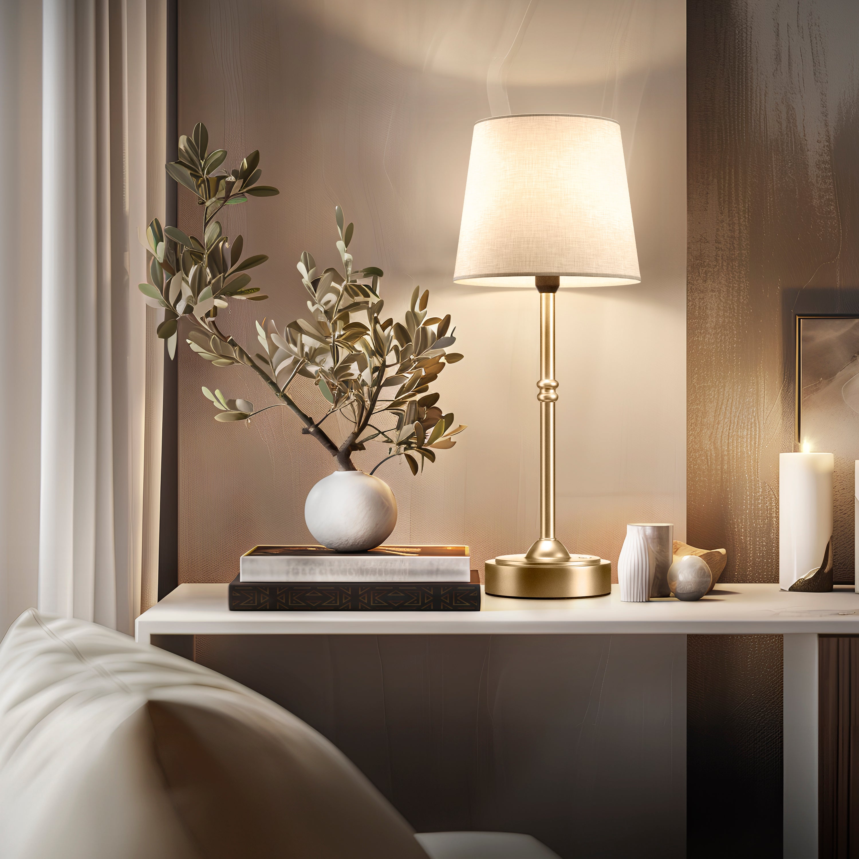 Tafellamp Oplaadbaar Draadloos Goud Wit Kap 40cm USB-C Touch Dimbaar Slaapkamer Woonkamer | Restfield